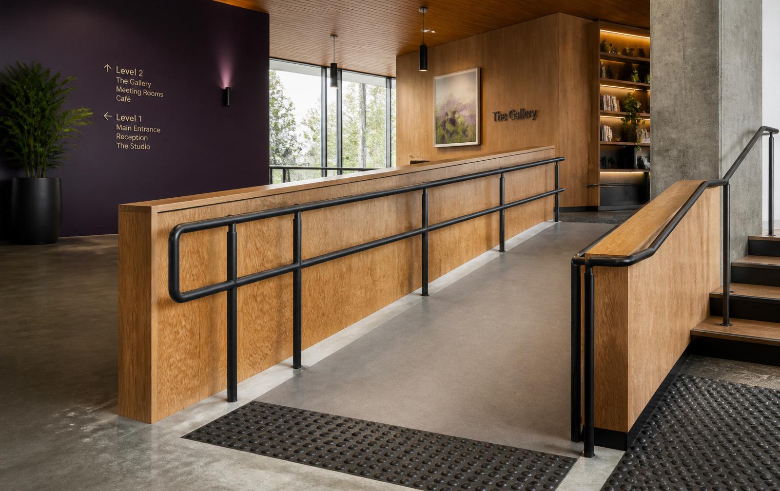 Accessible interior lobby with a wooden ramp, matte black railings, and deep purple accent wall