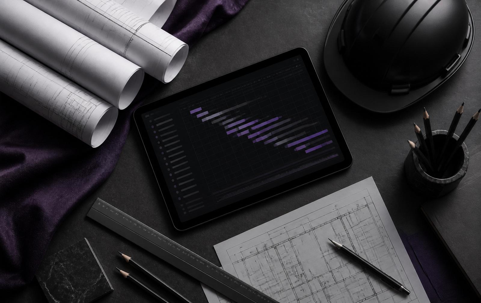 Project drawings, tablet showing a construction schedule, and hard hat on a charcoal desk